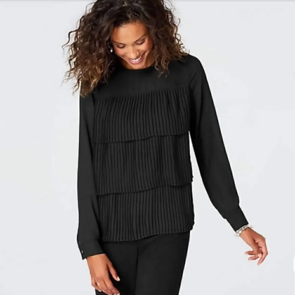 J. Jill Size Large Black Long Sleeve Pleated Tiered Ruffle Blouse Top